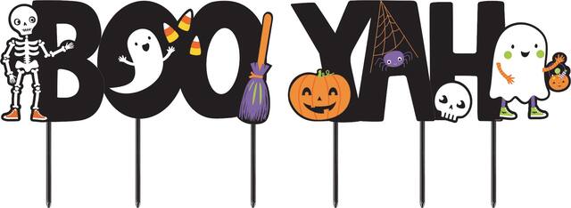 "Boo Yah" Ghost/Skeleton/Jack-O'-Lantern Yard Stakes, Multi-Coloured, 22 3/4 in, Outdoor Decoration for Halloween Front_Flat