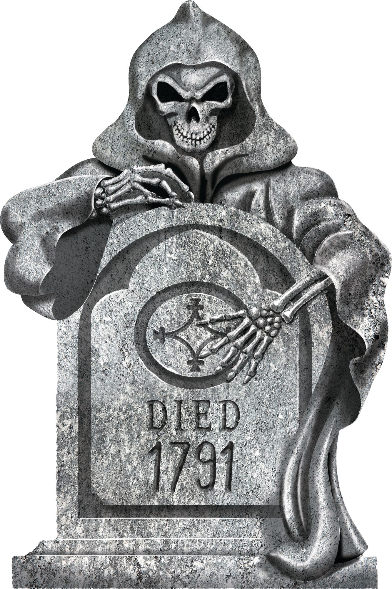 Pierre tombale avec Faucheuse Died 1791, gris, 22 po, décoration d'extérieur pour l'Halloween Front_Flat