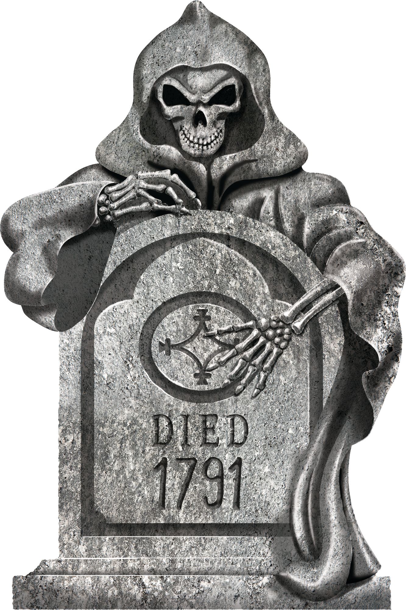 Pierre tombale avec Faucheuse Died 1791, gris, 22 po, décoration d'extérieur pour l'Halloween Front_Flat