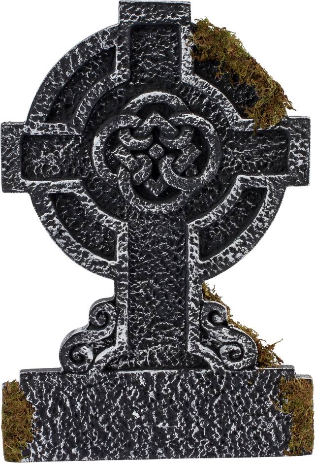 Celtic Cross Graveyard Tombstone with Stakes, Grey, 22-in, Outdoor Decoration for Halloween Front_Flat
