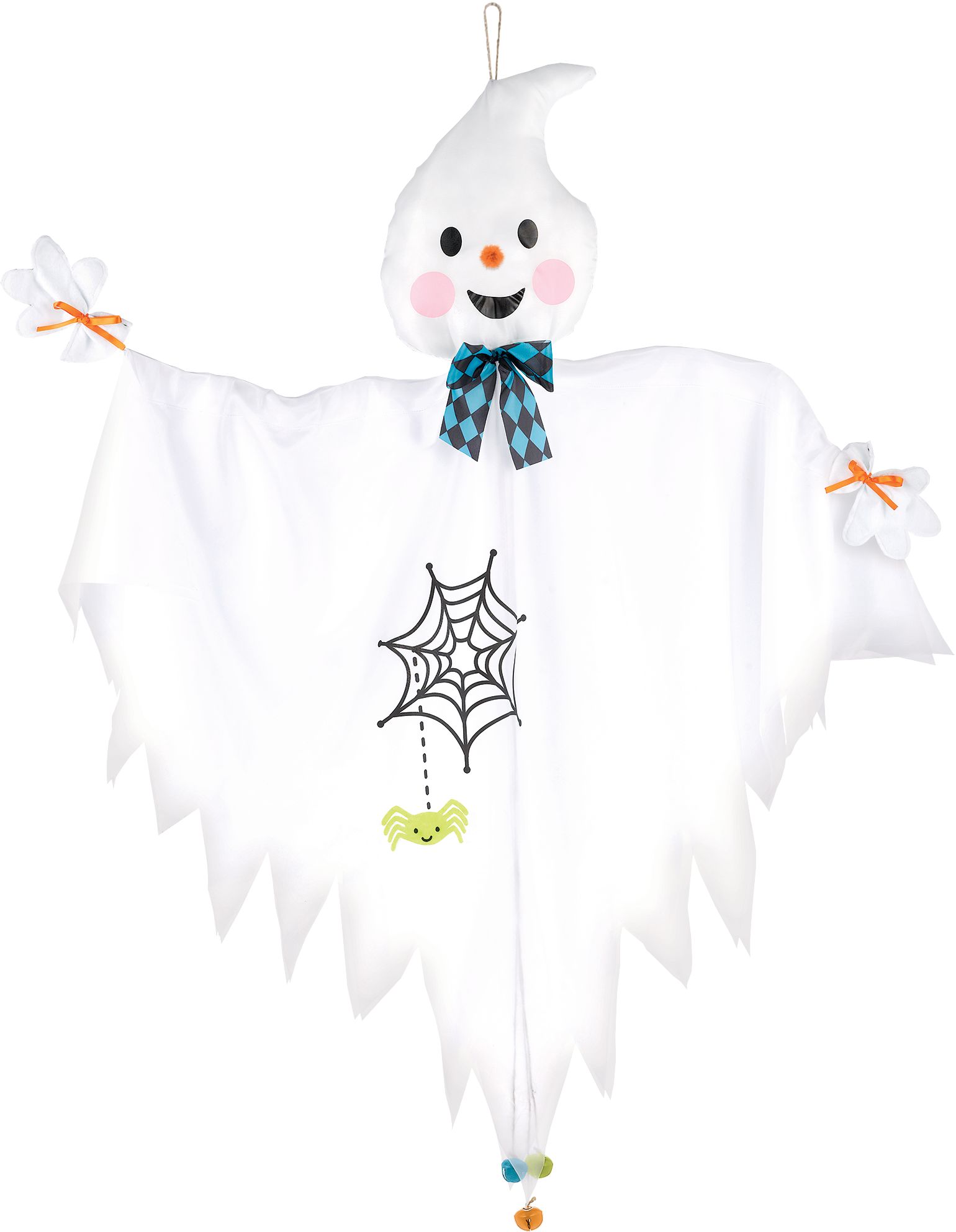 Ghost Hanging Smiling Prop with Bells, White, 4-ft, Indoor/Outdoor Decoration for Halloween Front_Flat