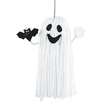 Ghost & Bat Fringe Hanging Prop, Black/White, 16-in, Indoor/Outdoor Decoration for Halloween Front_Flat
