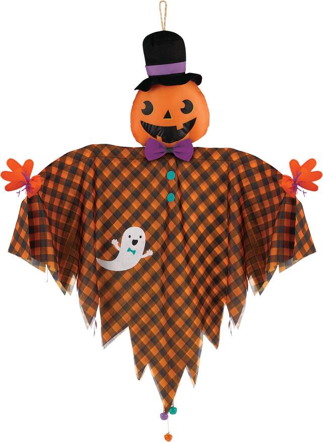 Jack-O'-Lantern Smiling Pumpkin Hanging Prop with Bells, Black/Orange Plaid, 49-in, Indoor/Outdoor Decoration for Halloween Front_Flat