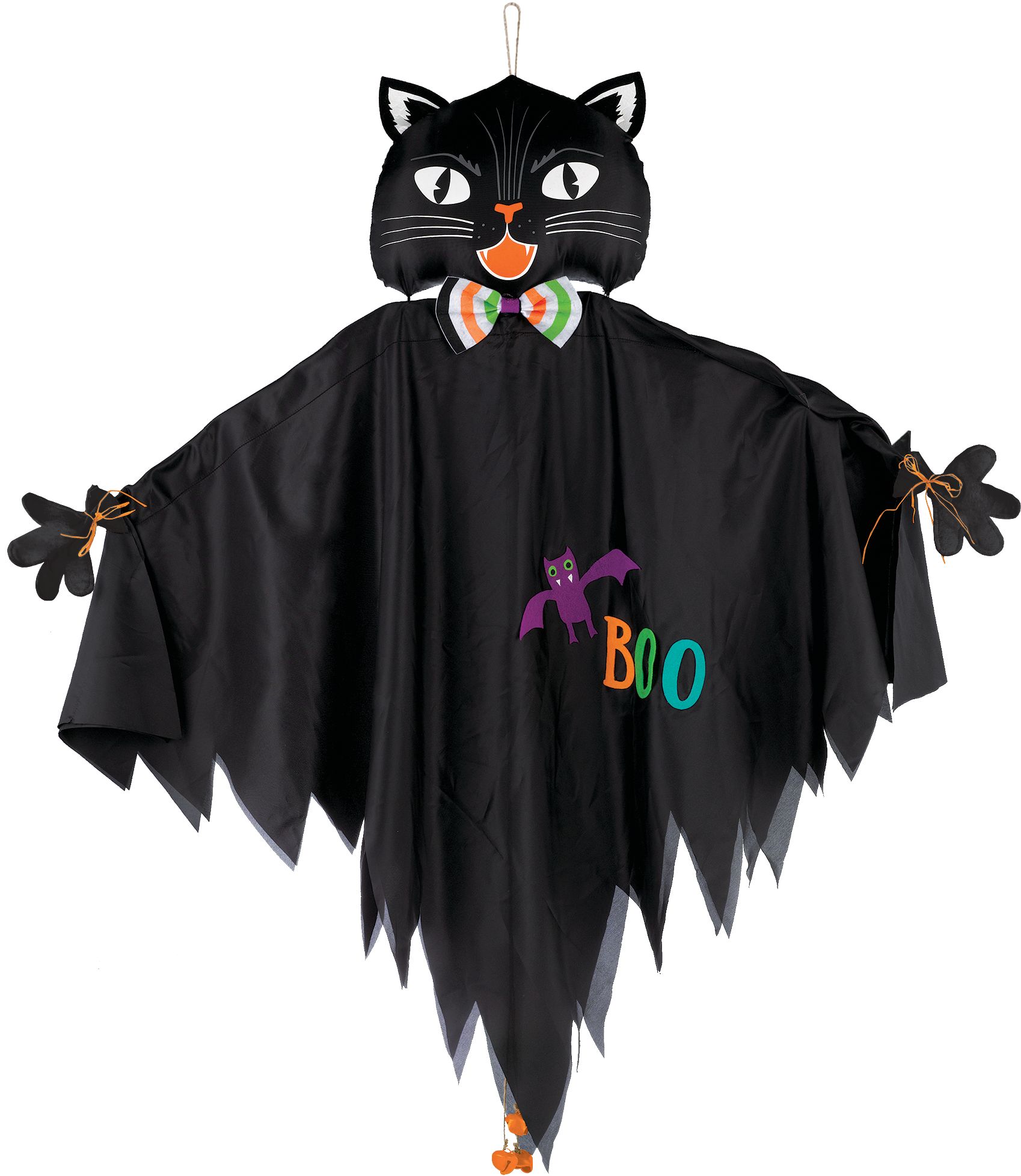 "Boo" Cat Hanging Smiling Prop with Bells, Black, 4-ft, Indoor/Outdoor Decoration for Halloween Front_Flat