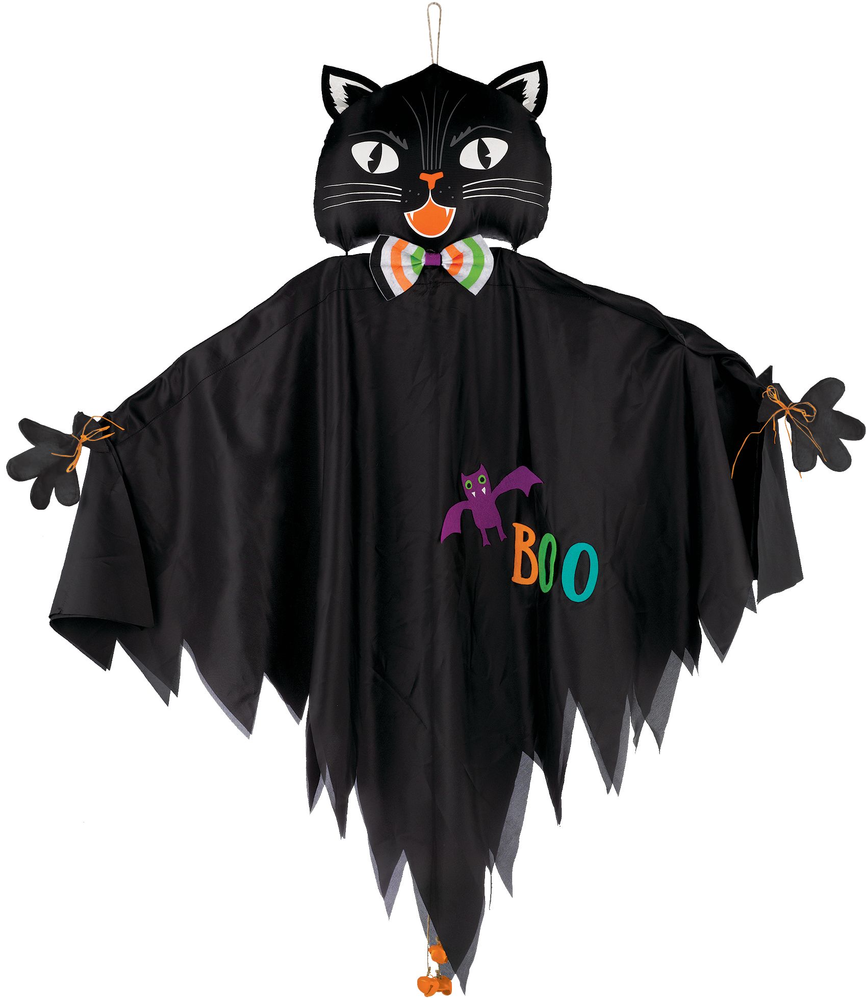 "Boo" Cat Hanging Smiling Prop with Bells, Black, 4-ft, Indoor/Outdoor Decoration for Halloween Front_Flat