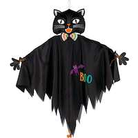 "Boo" Cat Hanging Smiling Prop with Bells, Black, 4-ft, Indoor/Outdoor Decoration for Halloween