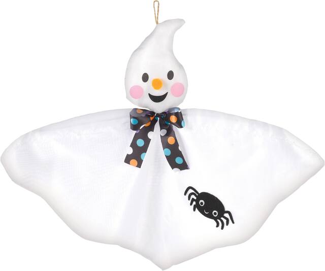 Ghost & Spider Mni Smiling Hanging Prop with Bells, White, 12-in, Indoor/Outdoor Decoration for Halloween Front_Flat