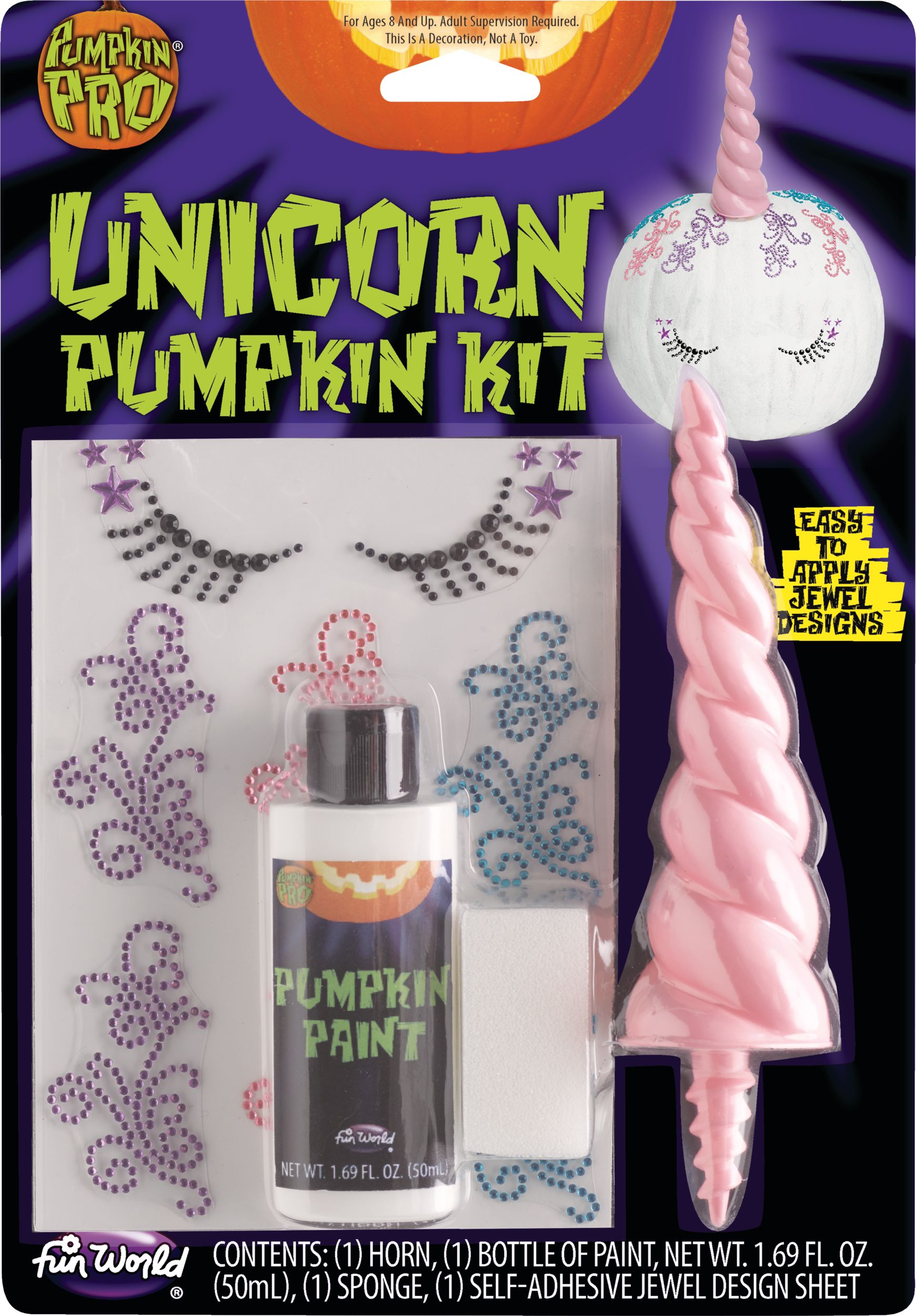 3D Unicorn Pumpkin Decoration Kit with Jewel Designs, Pink, 4-pk, Indoor/Outdoor Decoration for Halloween Front_Flat