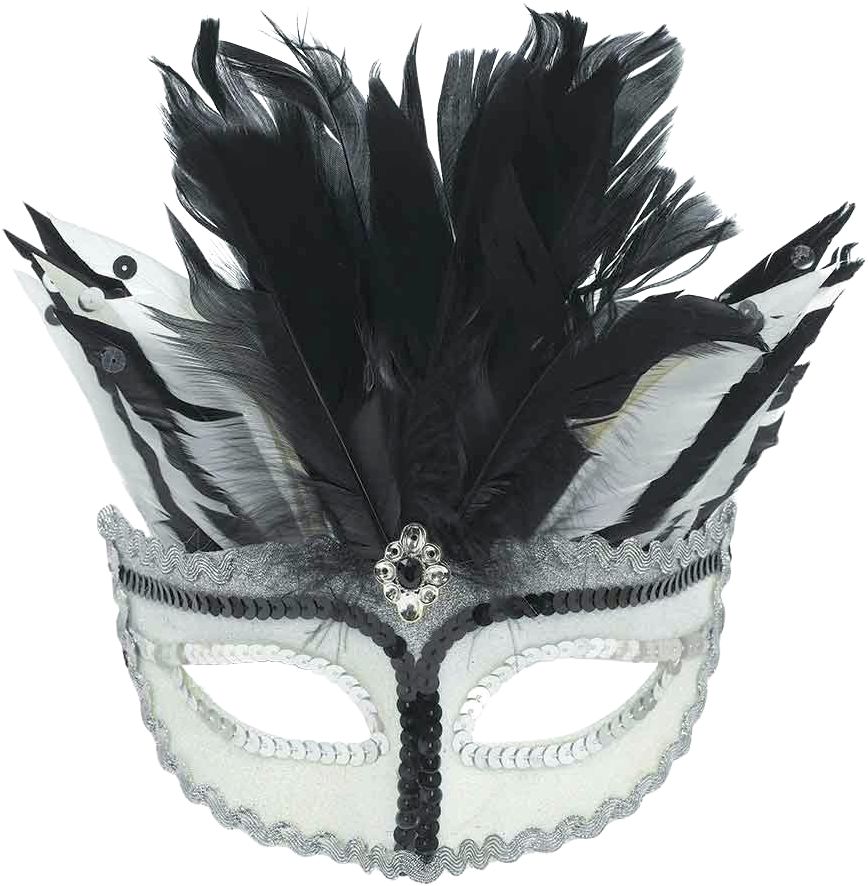 Black & White Feather Masquerade Mask Front_Flat