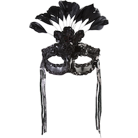 Sequin Feather Masquerade Eye Mask, Black, One Size, Wearable Costume Accessory for Halloween Front_Flat