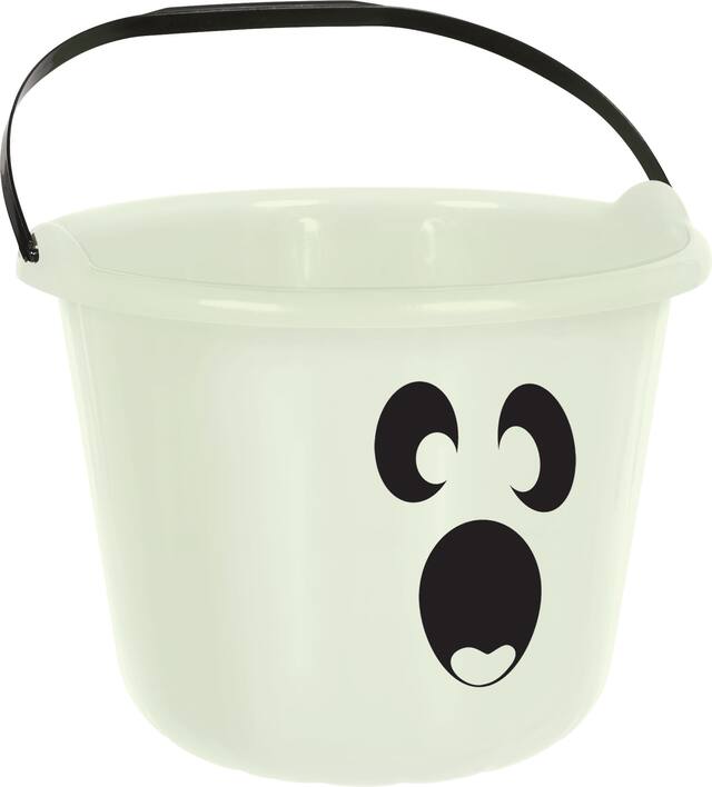 Ghost Glow-In-The-Dark Treat Pail Bucket, Black/White, 7-in, for Trick or Treating Front_Angled_Right