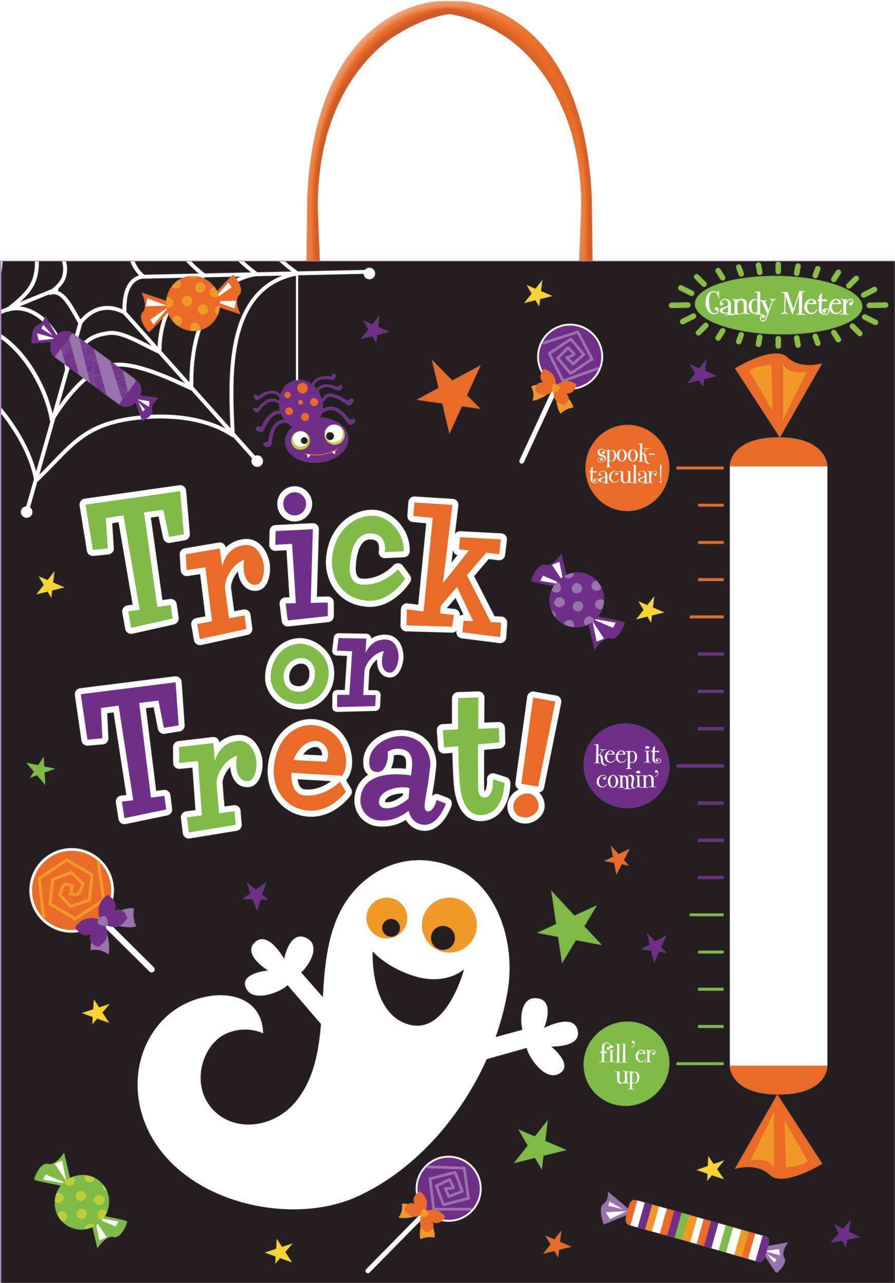 "Trick or Treat" Ghost Plastic Candy Meter Plastic Bag, Black Multi-Coloured, 14-in, for Trick or Treating Front_Flat