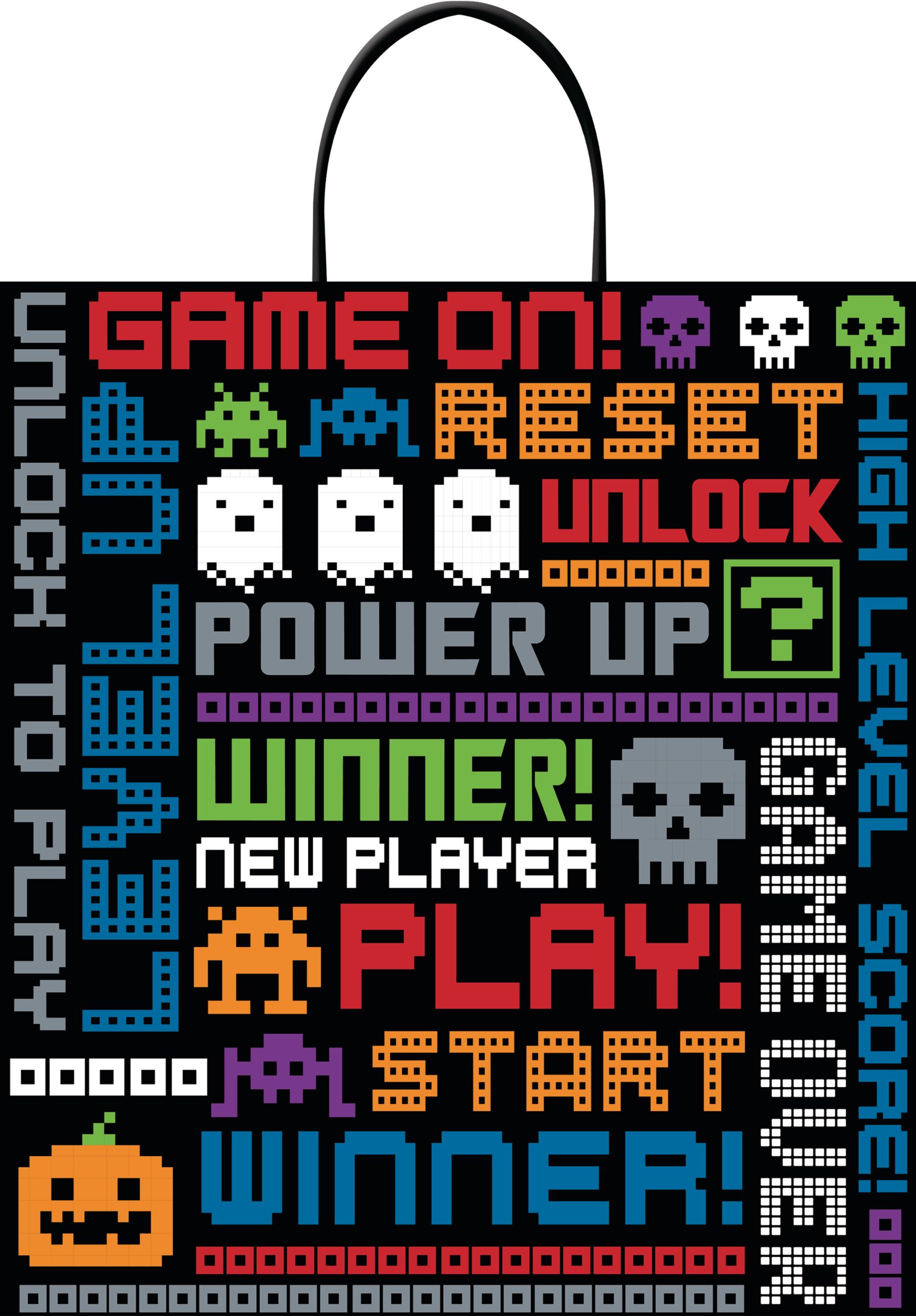 "Game On" Ghost/Skull/Pumpkin Video Game Treat Bag, Multi-Coloured, 14-in, for Trick or Treating Front_Flat