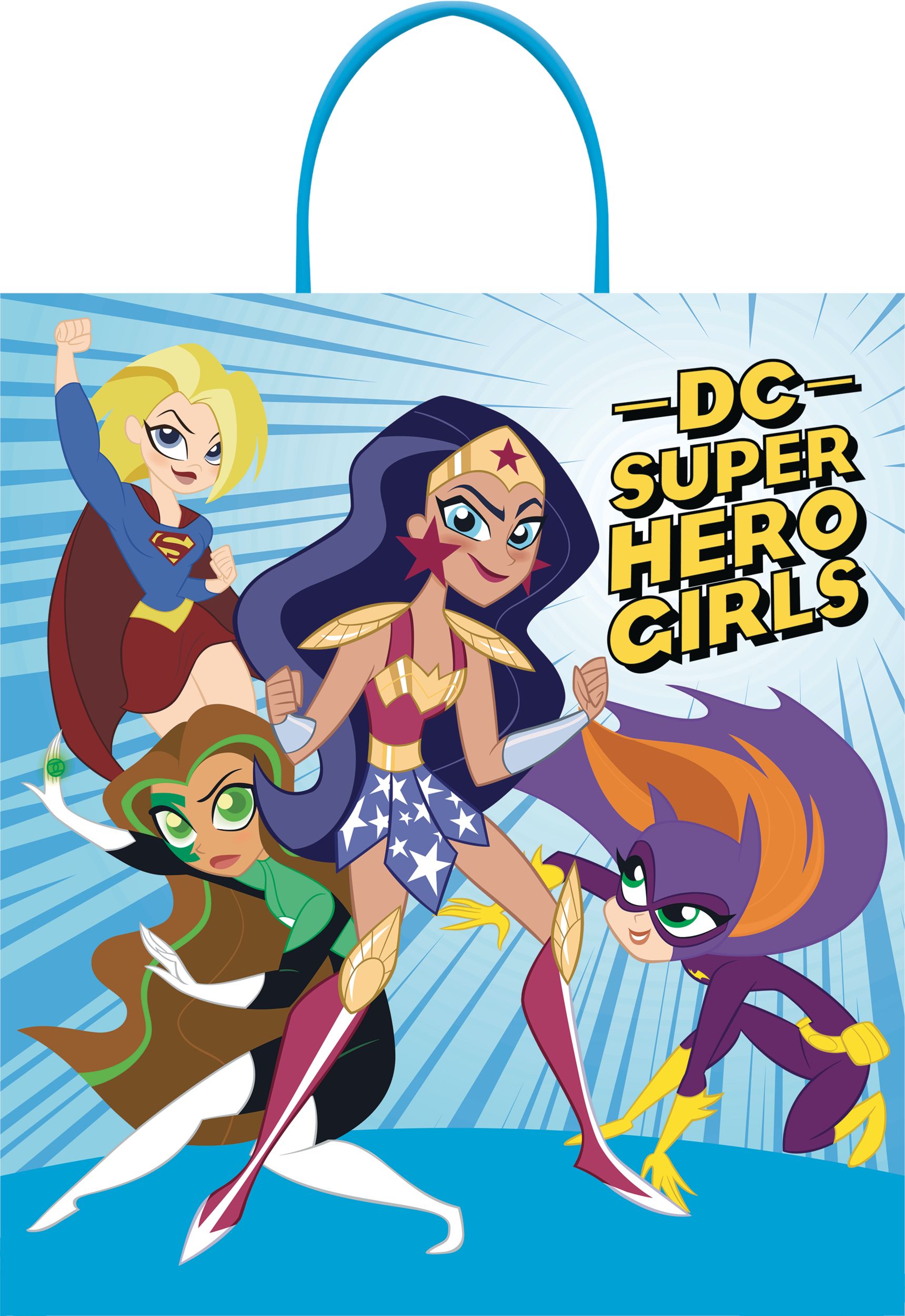 DC Super Hero Girls Batgirl/Green Lantern/Supergirl/Wonder Woman Plastic Treat Bag, Multi-Coloured, 14-in, for Trick or Treating Front_Flat