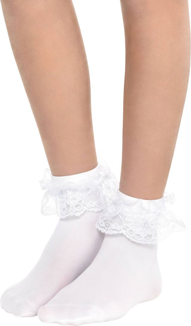Kids' Lace Ankle Party Socks, White Front_Angled_Left