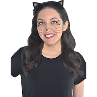 Cat Face Gem Kit with Ears Headband, Black/Gold, One Size, 3-pk, Wearable Costume Accessories for Halloween