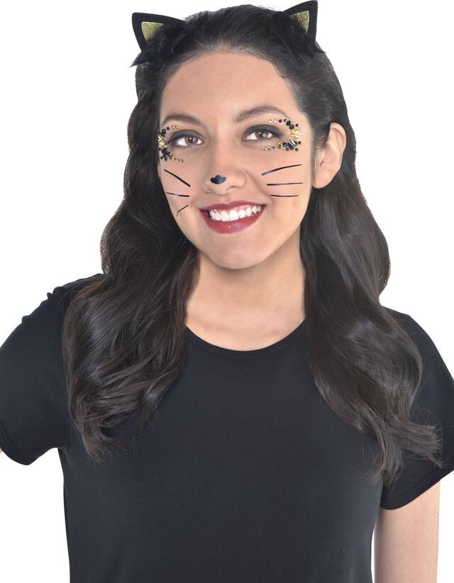 Cat Face Gem Kit with Ears Headband, Black/Gold, One Size, 3-pk, Wearable Costume Accessories for Halloween Front_Flat