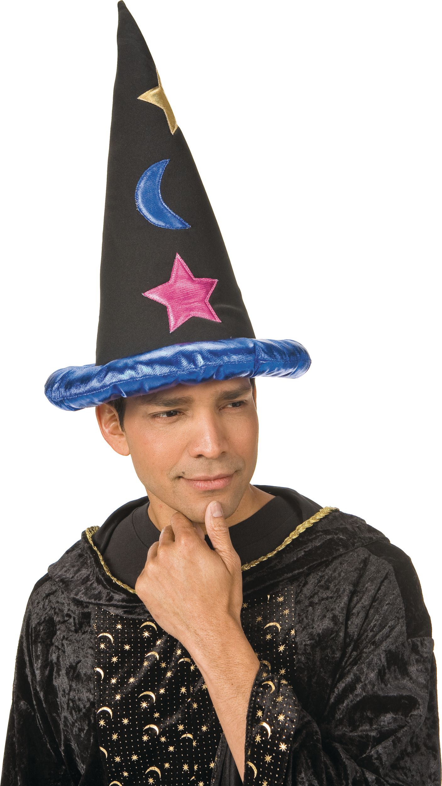 Chapeau de sorcier en peluche, noir/étoiles bleues, taille unique, accessoire de costume à porter pour l'Halloween Front_Angled_Right