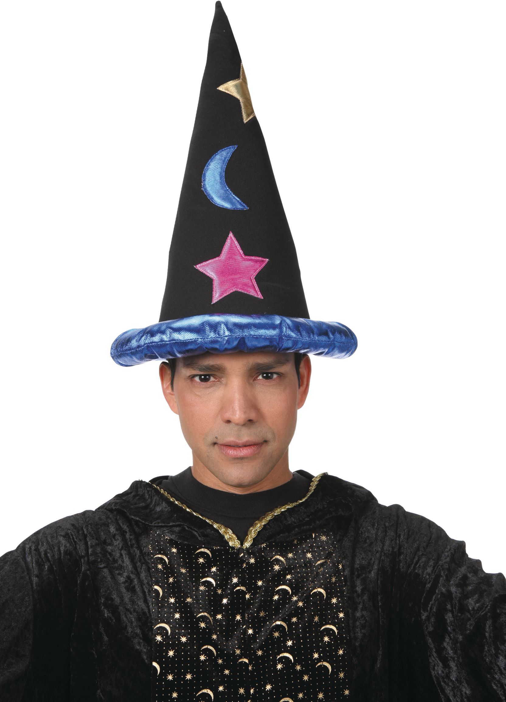 Chapeau de sorcier en peluche, noir/étoiles bleues, taille unique, accessoire de costume à porter pour l'Halloween Front_Flat