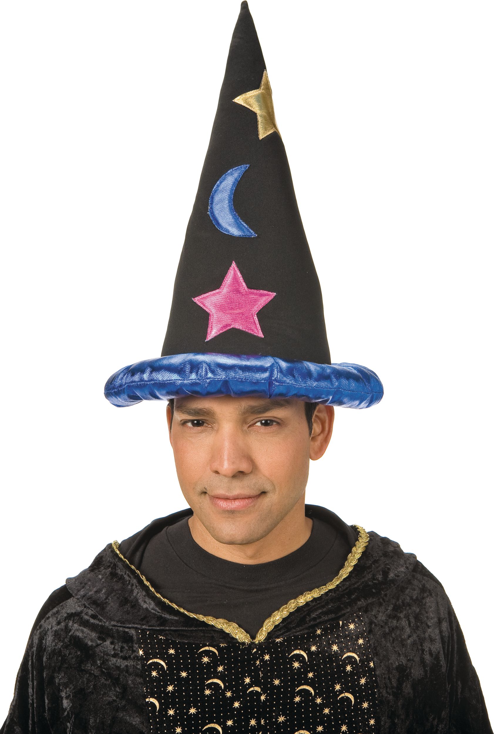 Chapeau de sorcier en peluche, noir/étoiles bleues, taille unique, accessoire de costume à porter pour l'Halloween Front_Flat