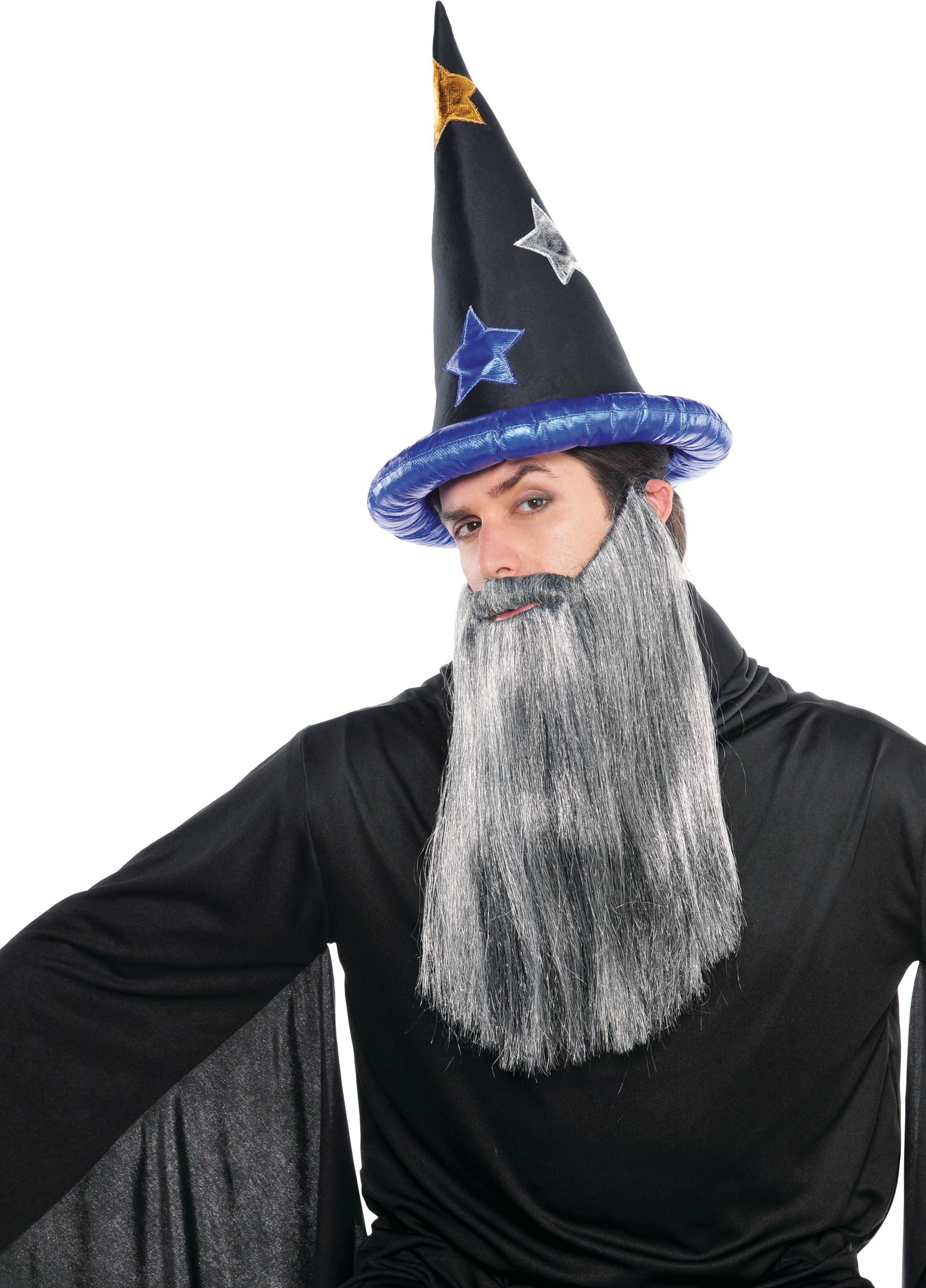 Chapeau de sorcier en peluche, noir/étoiles bleues, taille unique, accessoire de costume à porter pour l'Halloween Front_Angled_Left