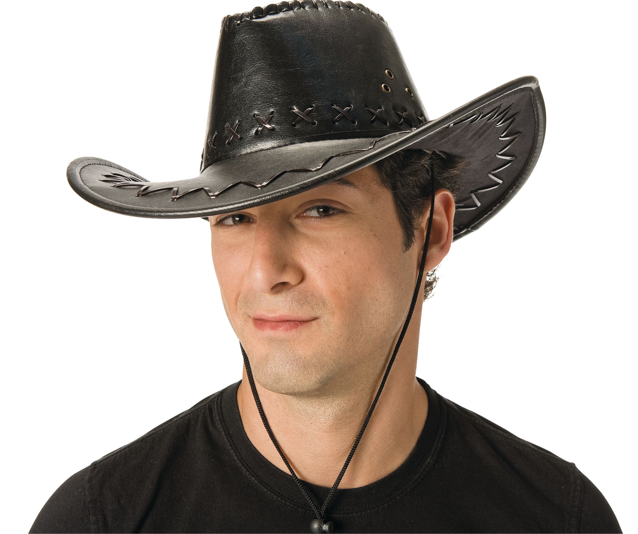 Western Cowboy Hat with Cross Stitches, Black, One Size, Wearable Costume Accessory for Halloween Front_Angled_Left