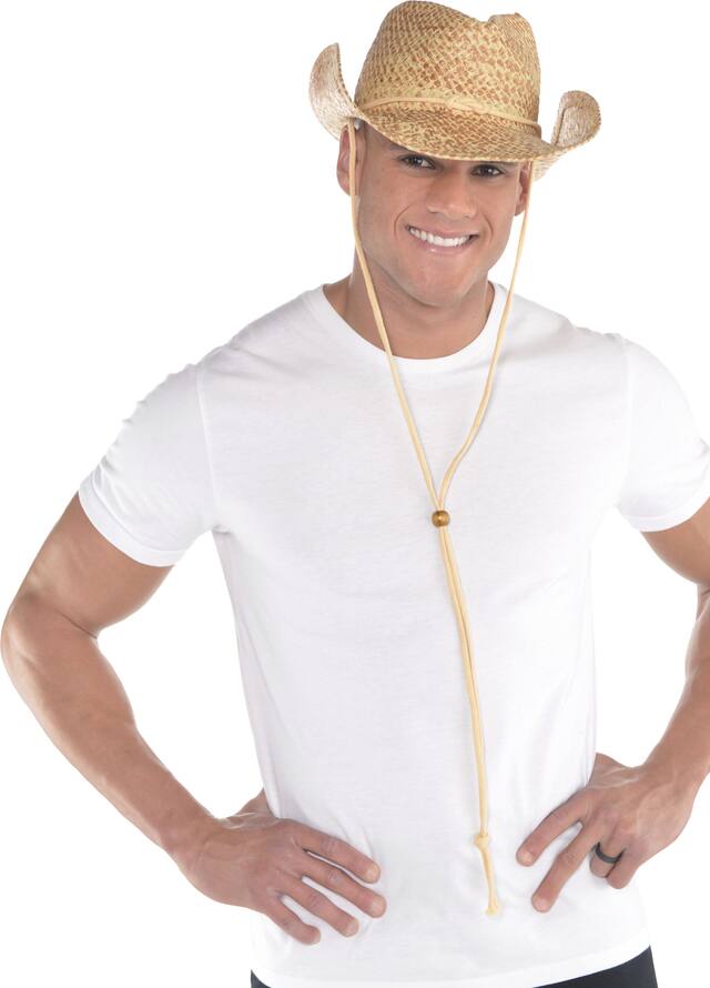 Western Cowboy Straw Hat, Beige, One Size, Wearable Costume Accessory for Halloween Front_Flat