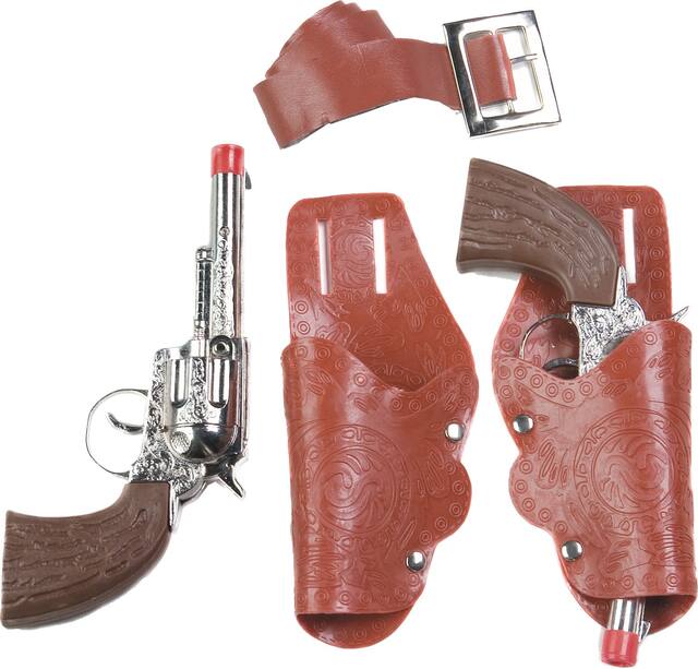 Western Cowboy Double Holster & Gun Weapon, Brown/Silver, One Size, 5-pk, Wearable Costume Accessories for Halloween Overhead_Flat