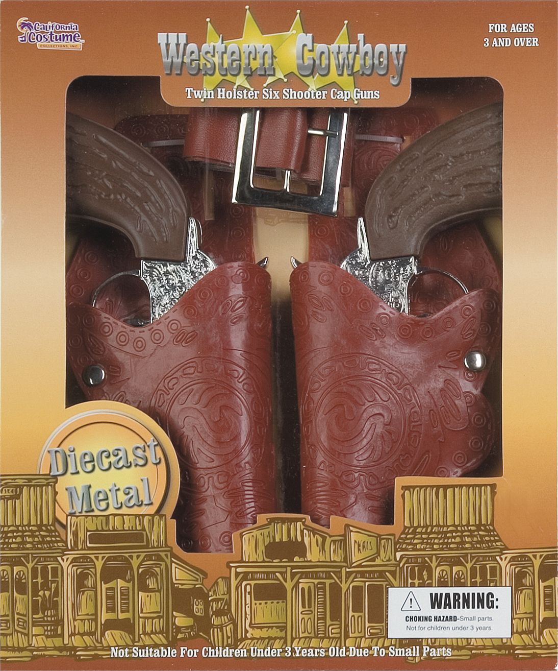 Western Cowboy Double Holster & Gun Weapon, Brown/Silver, One Size, 5-pk, Wearable Costume Accessories for Halloween Front_Flat