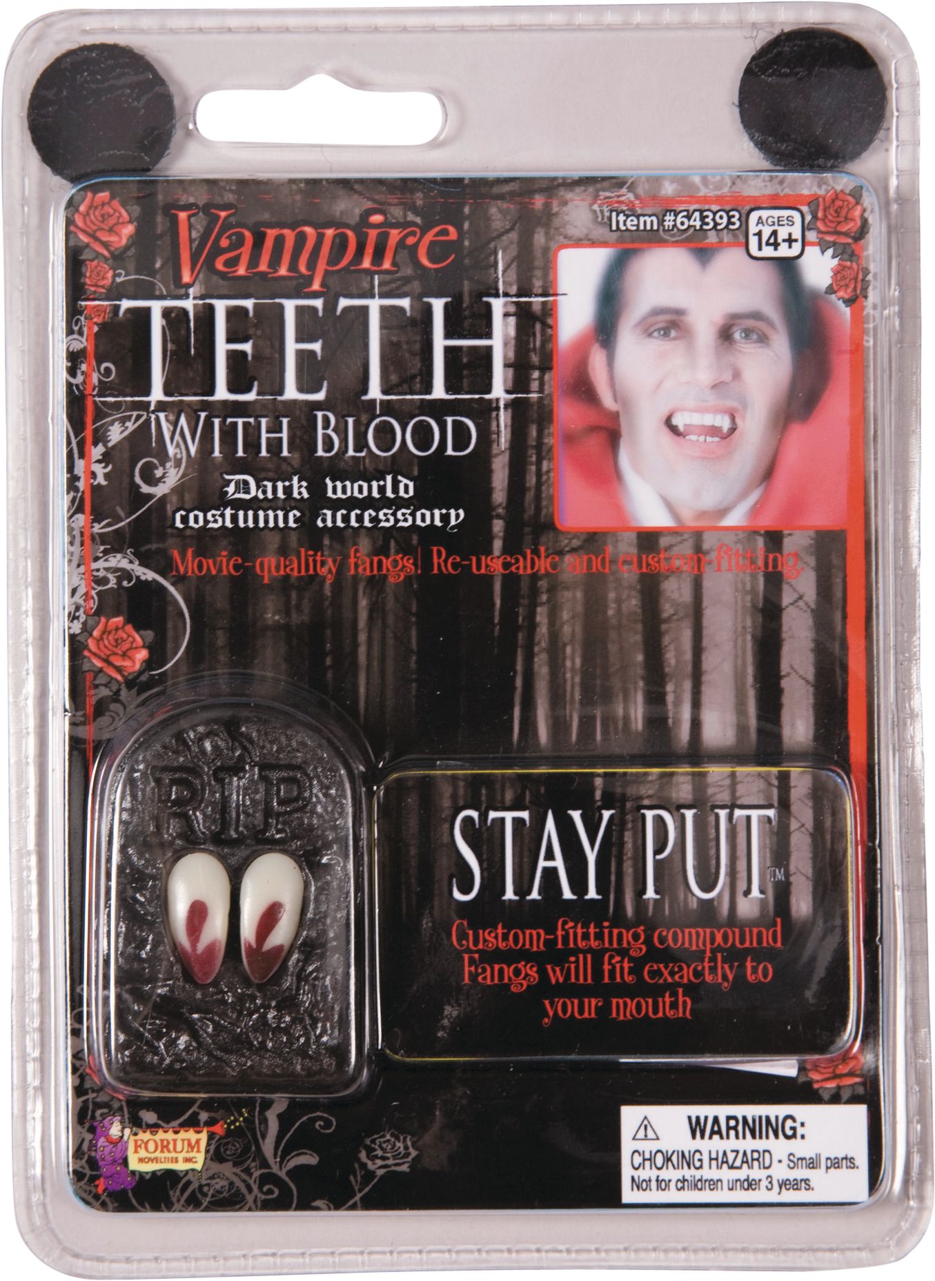 Custom Fitting Vampire Fangs with Fake Blood, White/Red, One Size, 2-pk, Wearable Costume Accessories for Halloween Front_Flat