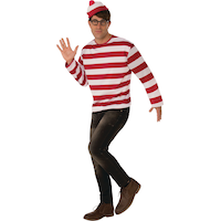 Men's Where's Waldo Red/White Striped Outfit with Shirt/Hat/Glasses Halloween Costume, Assorted Sizes Front_Angled_Left
