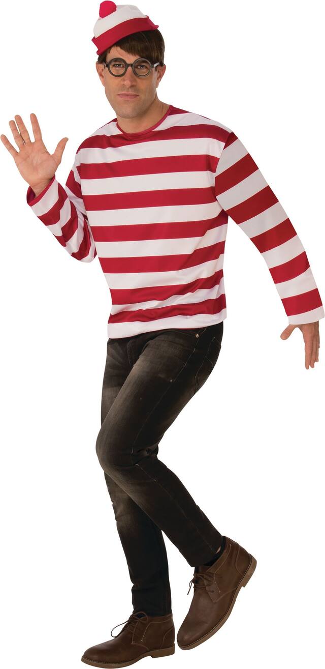 Costume Où est Charlie?, hommes, tenue rayée rouge/blanc avec chemise/chapeau/lunettes, tailles variées Front_Angled_Left