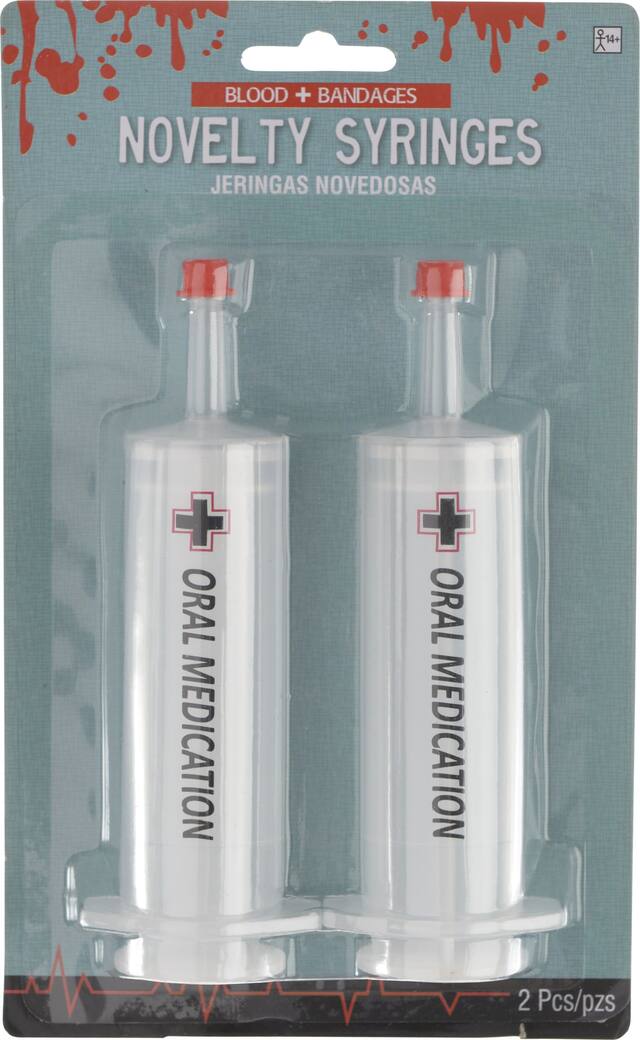 "Oral Medication" Syringes, White, One Size, 2-pk, Wearable Costume Props for Halloween Front_Flat