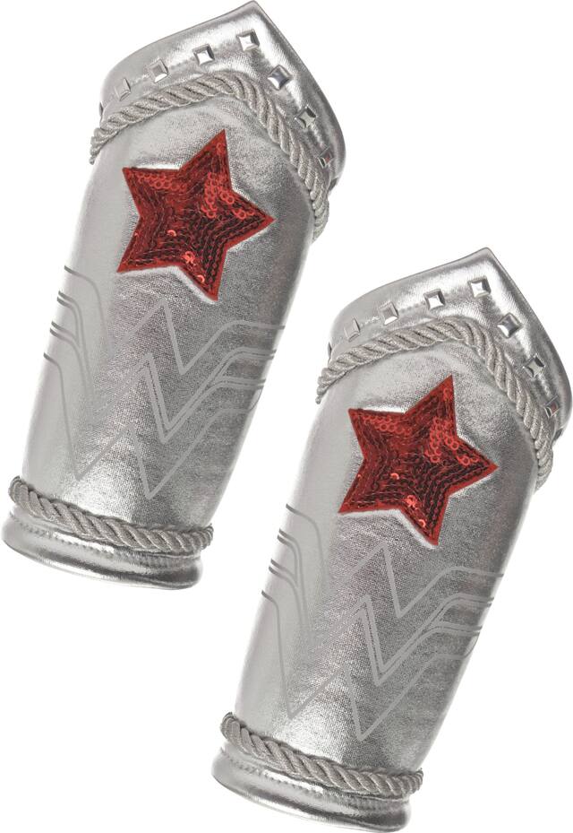 Gantelets à motif d'étoiles métalliques de DC Wonder Woman, argenté/rouge, taille unique, accessoire de costume à porter pour l'Halloween Overhead_Flat