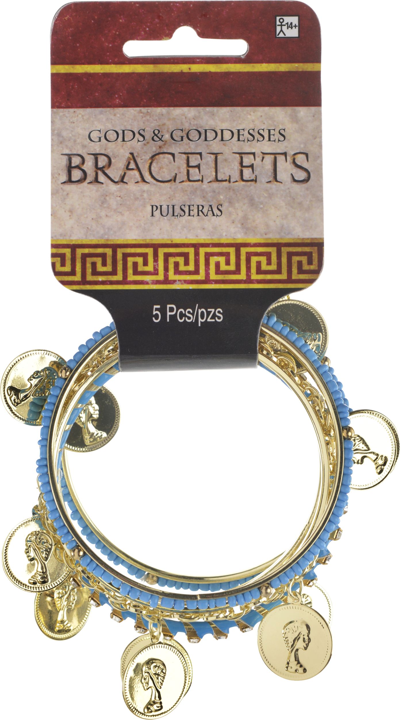 Greek Gods & Goddesses Bangle Bracelets, Gold/Blue, One Size, 5-pk, Wearable Costume Accessories for Halloween Front_Flat