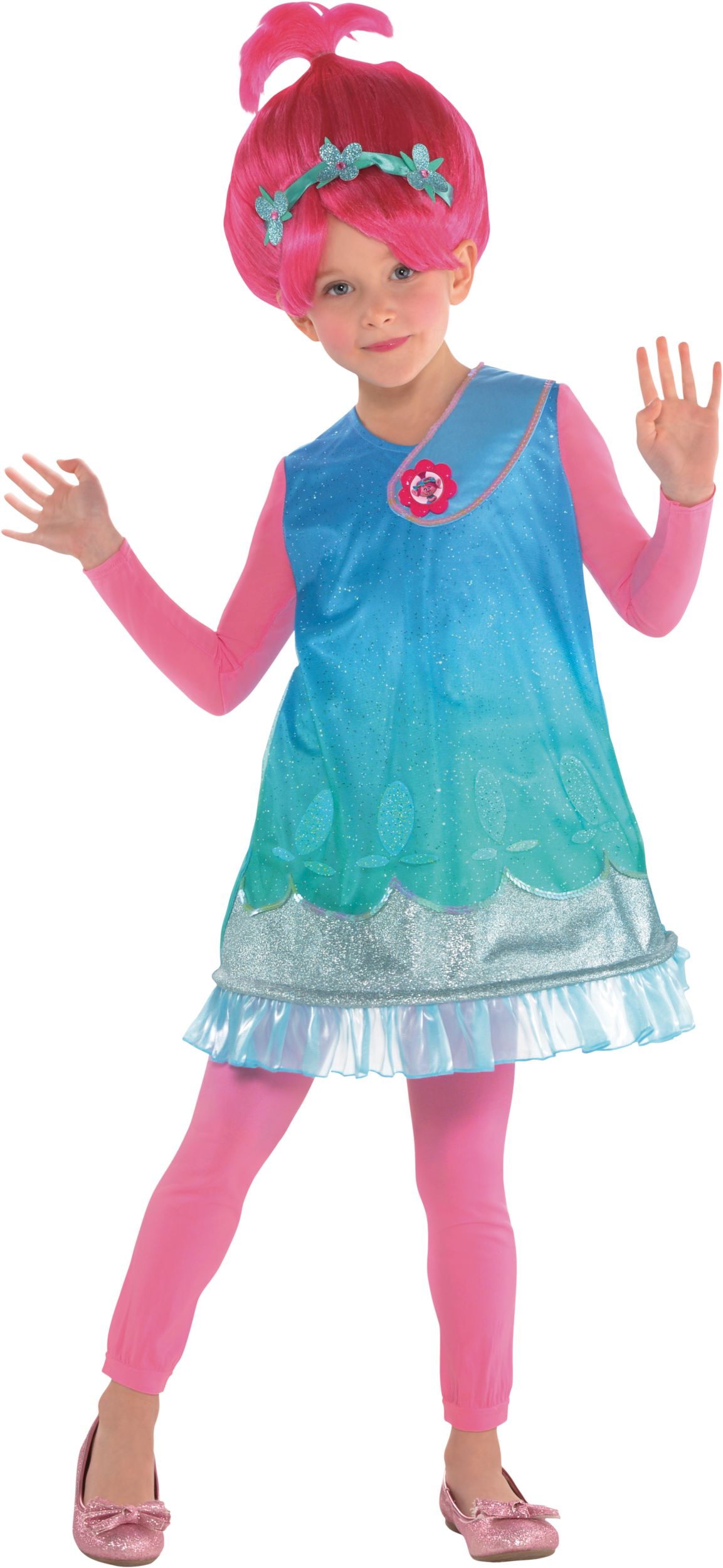 Kids' Trolls Queen Poppy Blue Dress with Tights Halloween Costume, Assorted Sizes Front_Flat