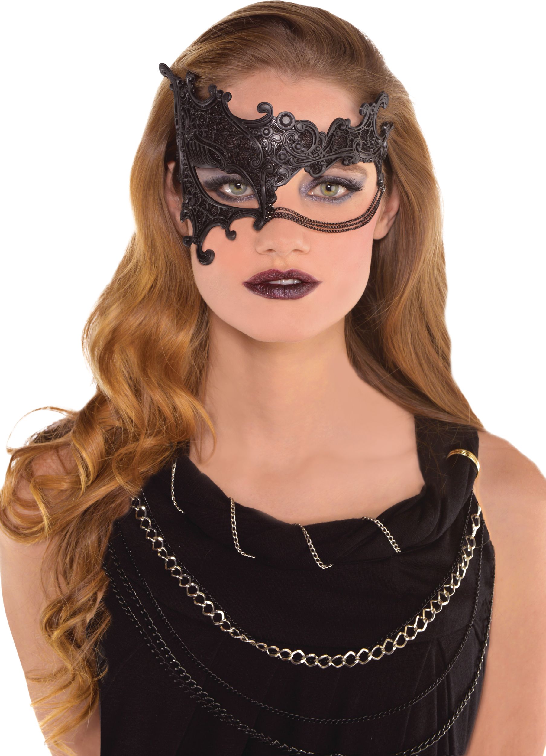 Masque de mascarade en dentelle, demi-visage avec chaîne, noir, taille unique, accessoire de costume à porter pour l'Halloween Front_Flat