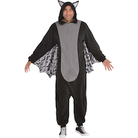 Adult Bat Black/Grey Jumpsuit with Hood & Wings Halloween Costume, Assorted Sizes Front_Flat