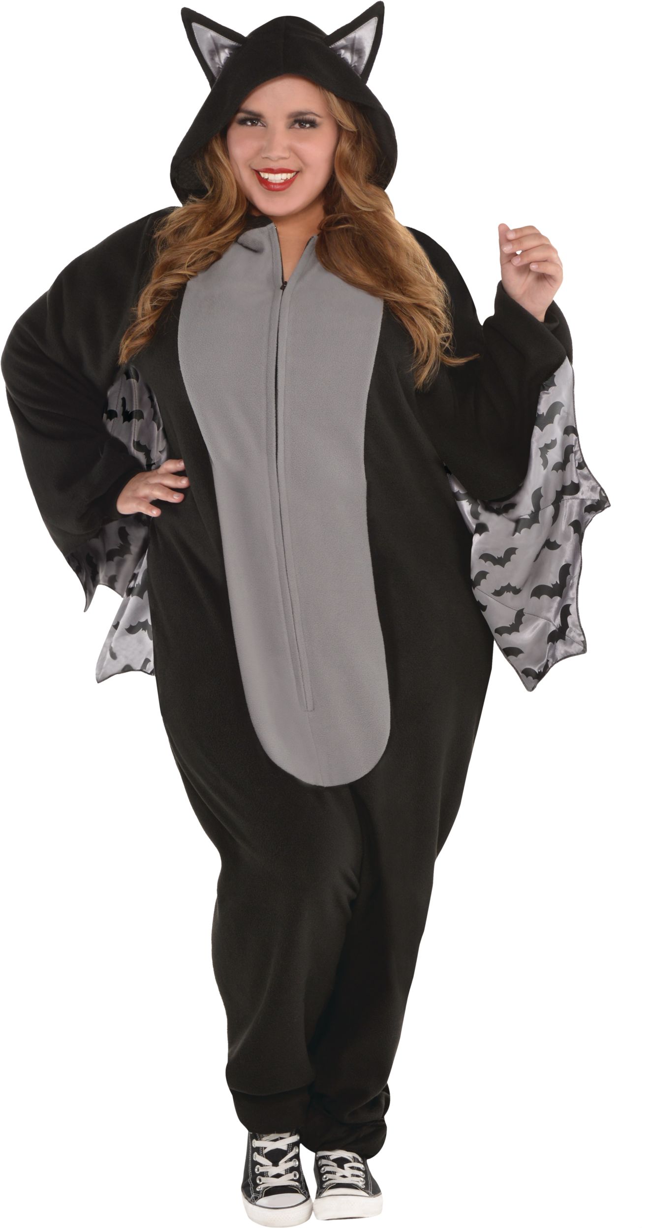 Adult Bat Black/Grey Jumpsuit with Hood & Wings Halloween Costume, Assorted Sizes Front_Flat