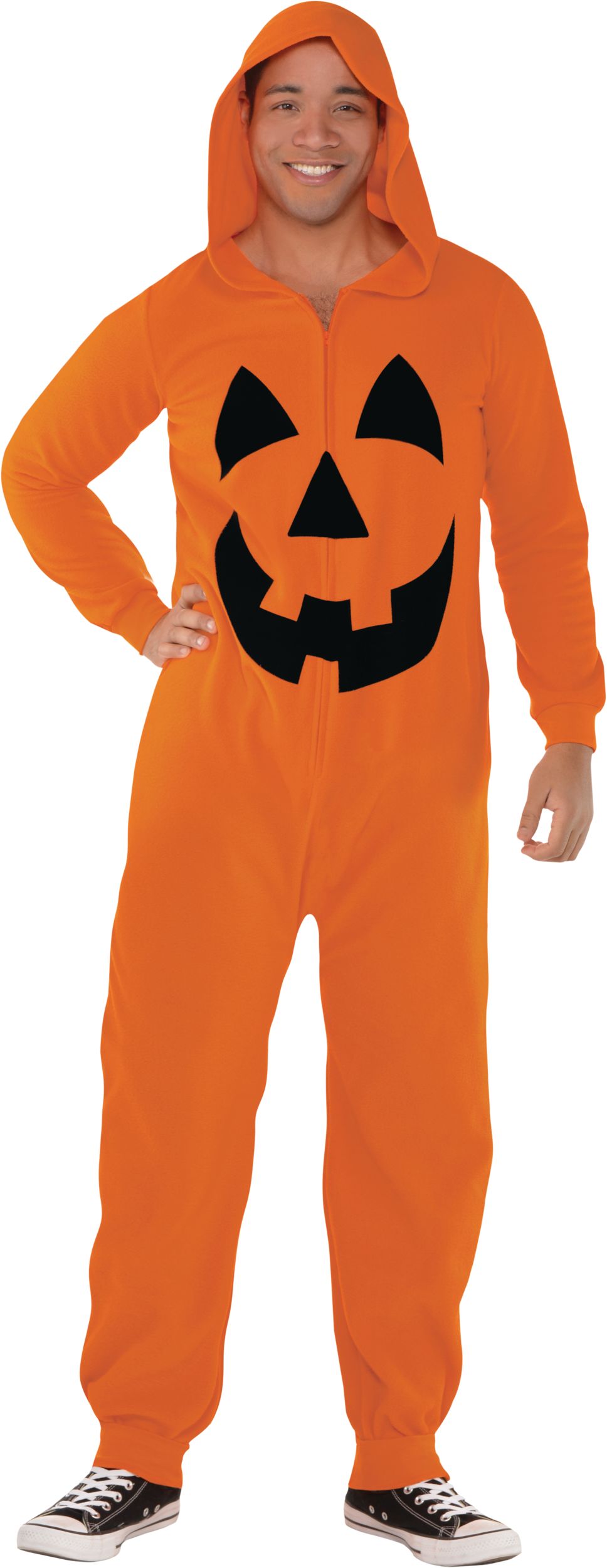 Adult  Pumpkin Orange Jumpsuit with Hood Halloween Costume, Assorted Sizes Front_Flat