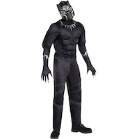 Men's Disney Marvel Black Panther Black Padded Jumpsuit with Mask & Gloves Halloween Costume, One Size Front_Angled_Right