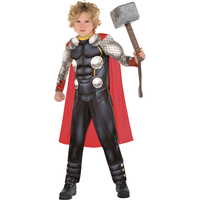 Kids' Disney Marvel Thor Black/Red Padded Jumpsuit with Cape Halloween Costume, Assorted Sizes Front_Angled_Left