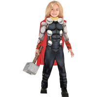 Kids' Disney Marvel Thor Black/Red Padded Jumpsuit with Cape Halloween Costume, Assorted Sizes Front_Angled_Right