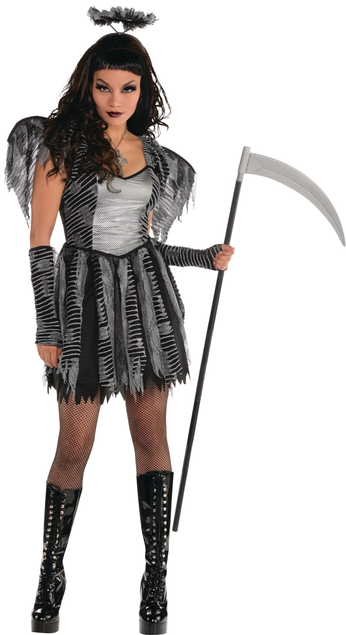 Women's Angel Black Dress with Wings/Gloves/Halo Headband Halloween Costume, Assorted Sizes Front_Angled_Right