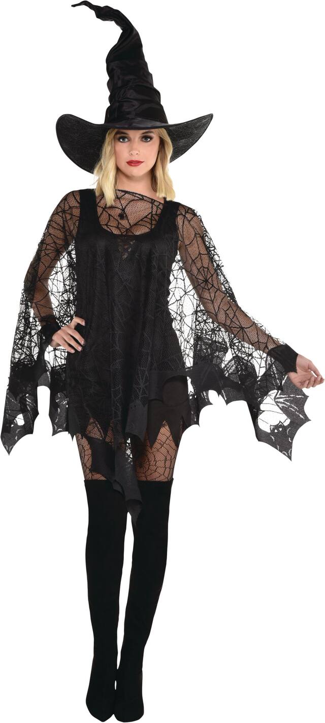 Adult Mesh Spider Web Bat Poncho, Black, One Size, Wearable Costume Accessory for Halloween Front_Flat