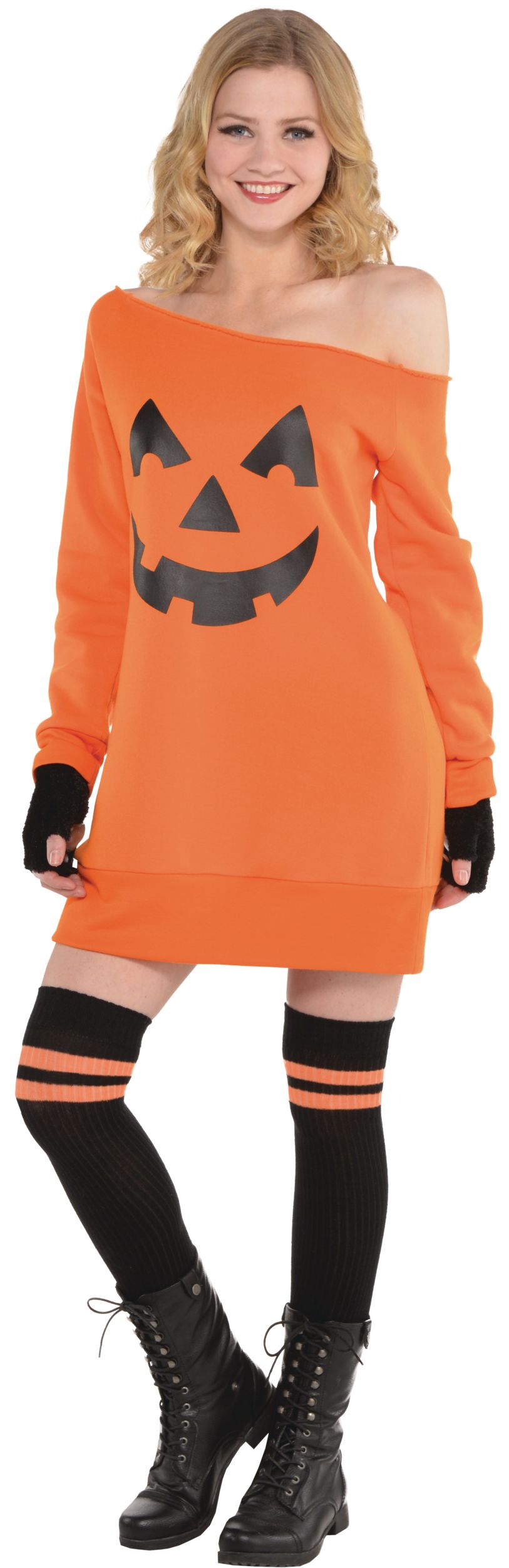 Women's Jack-O'-Lantern Pumpkin Off The Shoulder Long Sleeve Dress, Orange/Black, One Size, Wearable Costume  for Halloween Front_Flat