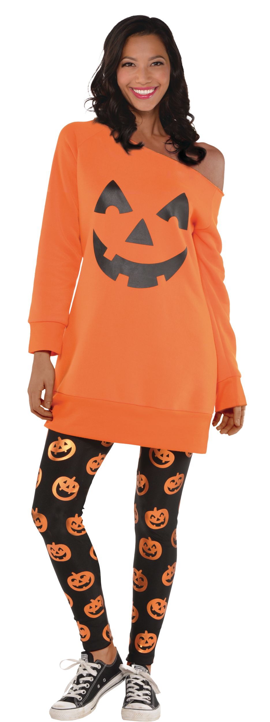 Women's Jack-O'-Lantern Pumpkin Off The Shoulder Long Sleeve Dress, Orange/Black, One Size, Wearable Costume  for Halloween Front_Flat