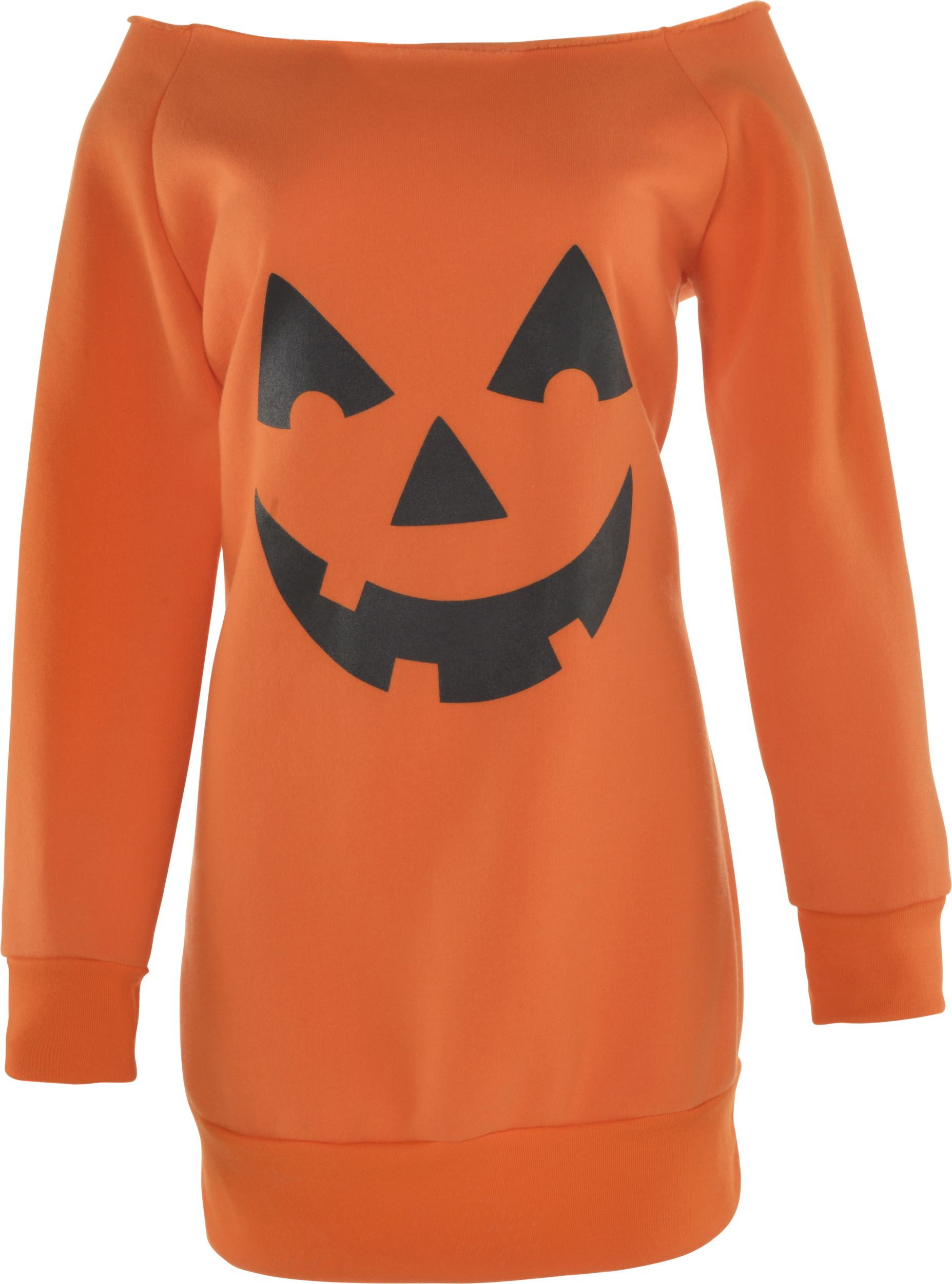 Women's Jack-O'-Lantern Pumpkin Off The Shoulder Long Sleeve Dress, Orange/Black, One Size, Wearable Costume  for Halloween Front_Flat