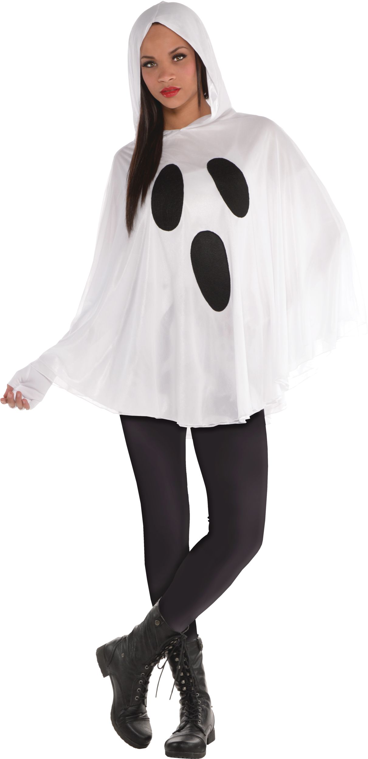 Classic Ghost Poncho with Hood, White/Black, One Size, Wearable Costume Accessory for Halloween Front_Flat