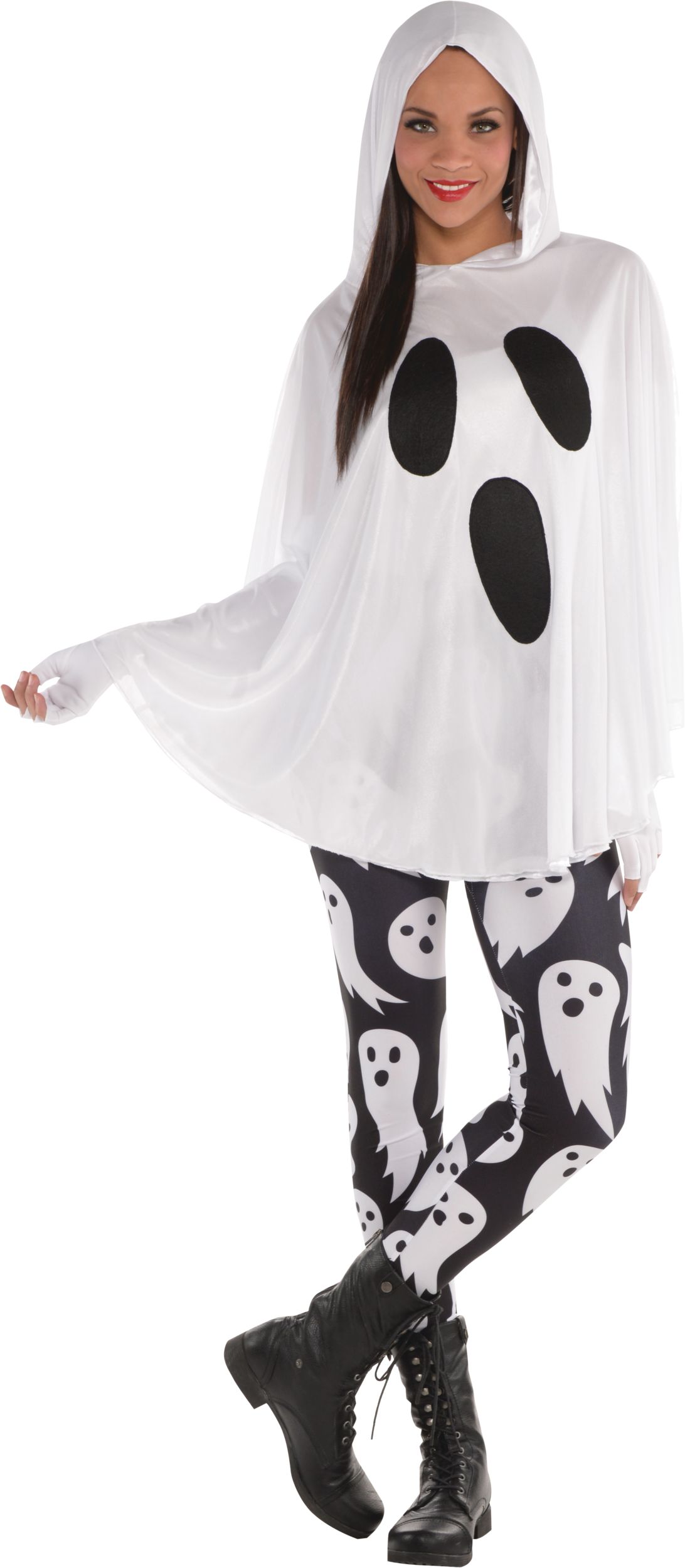 Classic Ghost Poncho with Hood, White/Black, One Size, Wearable Costume Accessory for Halloween Front_Flat